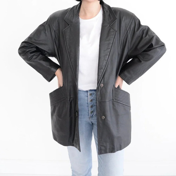 Vintage Petite Sophisticate  Black Button Down Leather Jacket Size Small - Picture 2 of 13